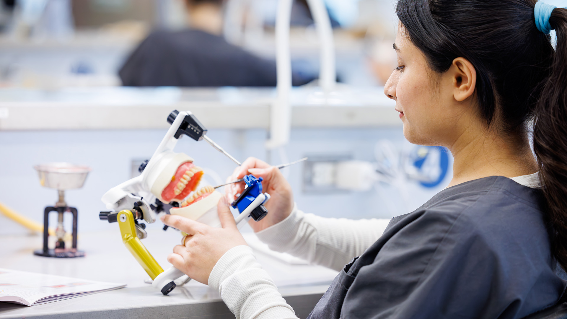 A dental assistant adjusts a set of dentures in a clamped framework.