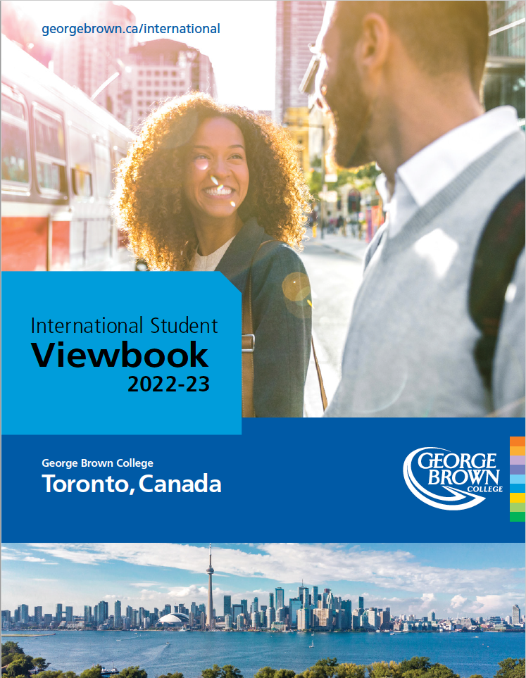 Cover of international viewbook with 2 students standing outside near a streetcar with an image of the Toronto skyline on the bottom.