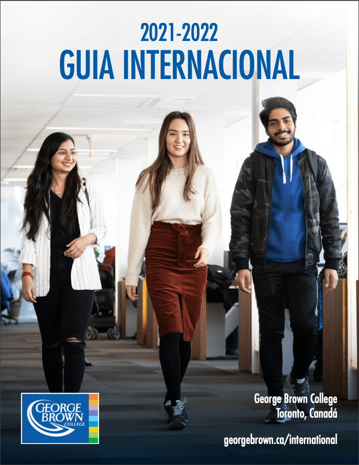 Portuguese International Viewbook with three students walking down a hallway