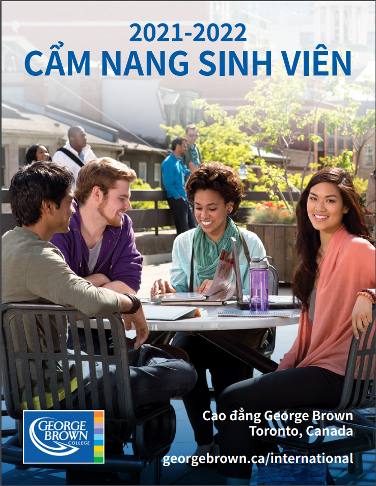 Vietnamese International Viewbook with 4 students sitting around a table at the St. James patio