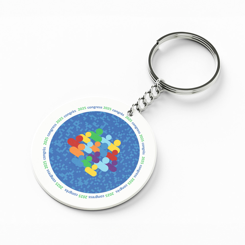 A round white and blue keychain with the text Congress of the Humanities 2025