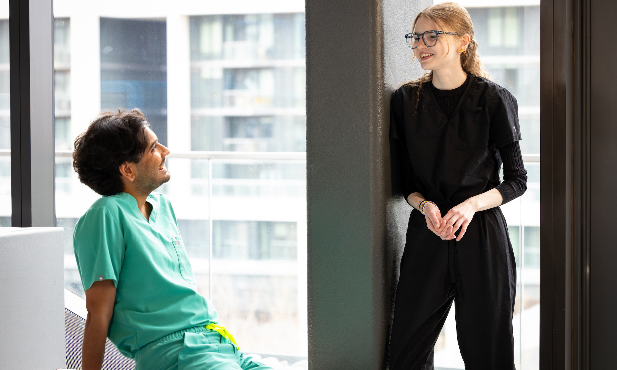 Alumni Harsh Deep and Kylie Foldhazi at George Brown College’s Daphne Cockwell Centre for Health Sciences.