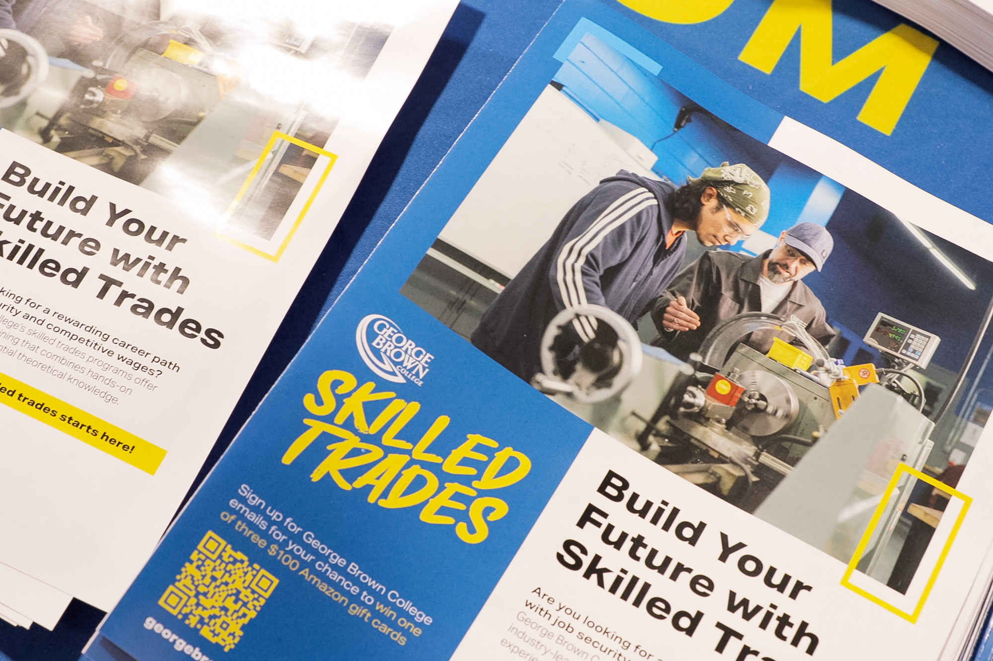 A close up of a printed brochure for George Brown College skilled trades