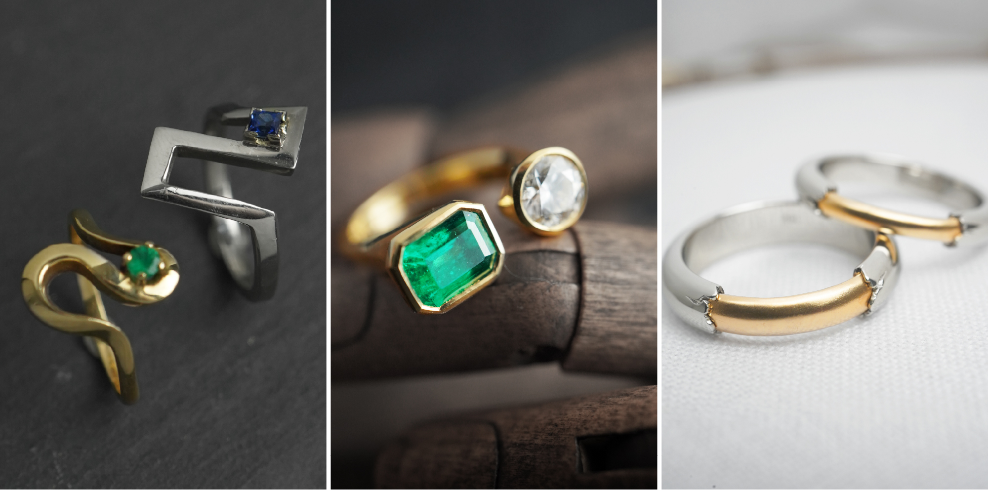 Three sets of rings created by Hubert and Vivian Bao