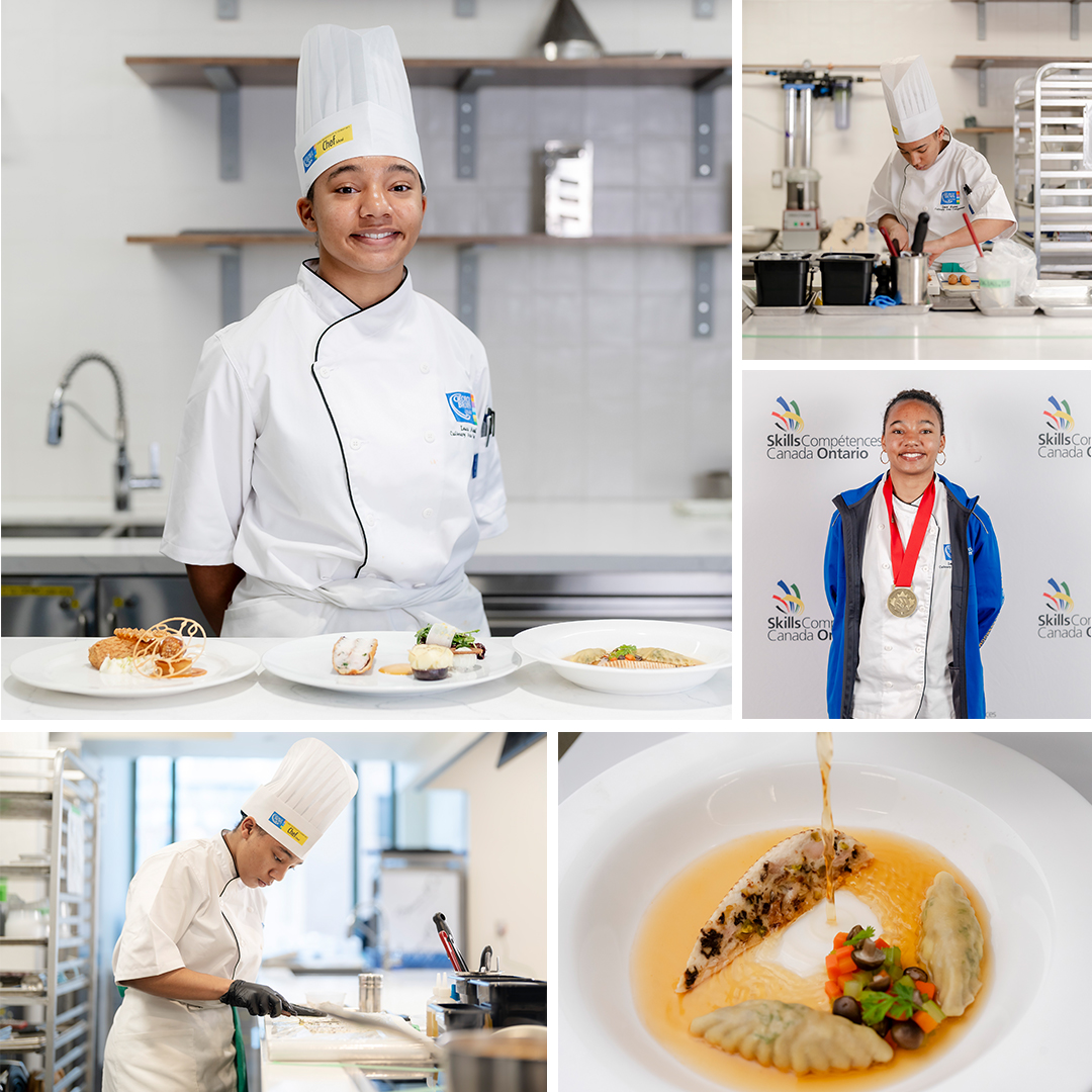 A grid of images of Luca Assad in chef whites in the kitchen preparing food, and an image of her with a gold medal from Skills Ontario