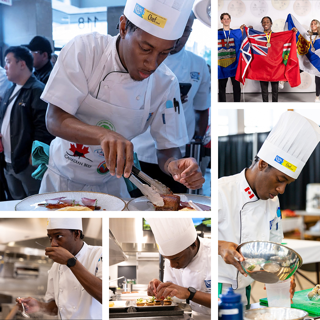 A photo grid of Negus King at various competitions and with his Canadian gold medal for Skills Canada