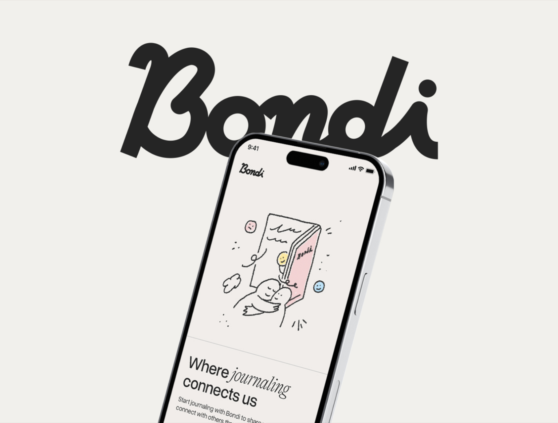 A mock up of Nankyung Kim's winning UX design for the app Bondi showing a device with text - where journaling takes us