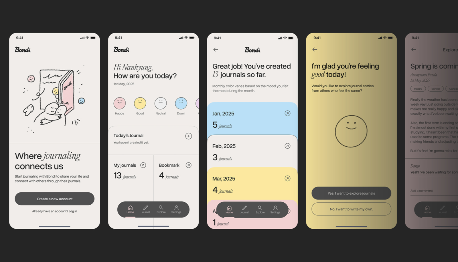 A mock up of Nankyung Kim's winning UX design for the app Bondi showing different screens and options within the app