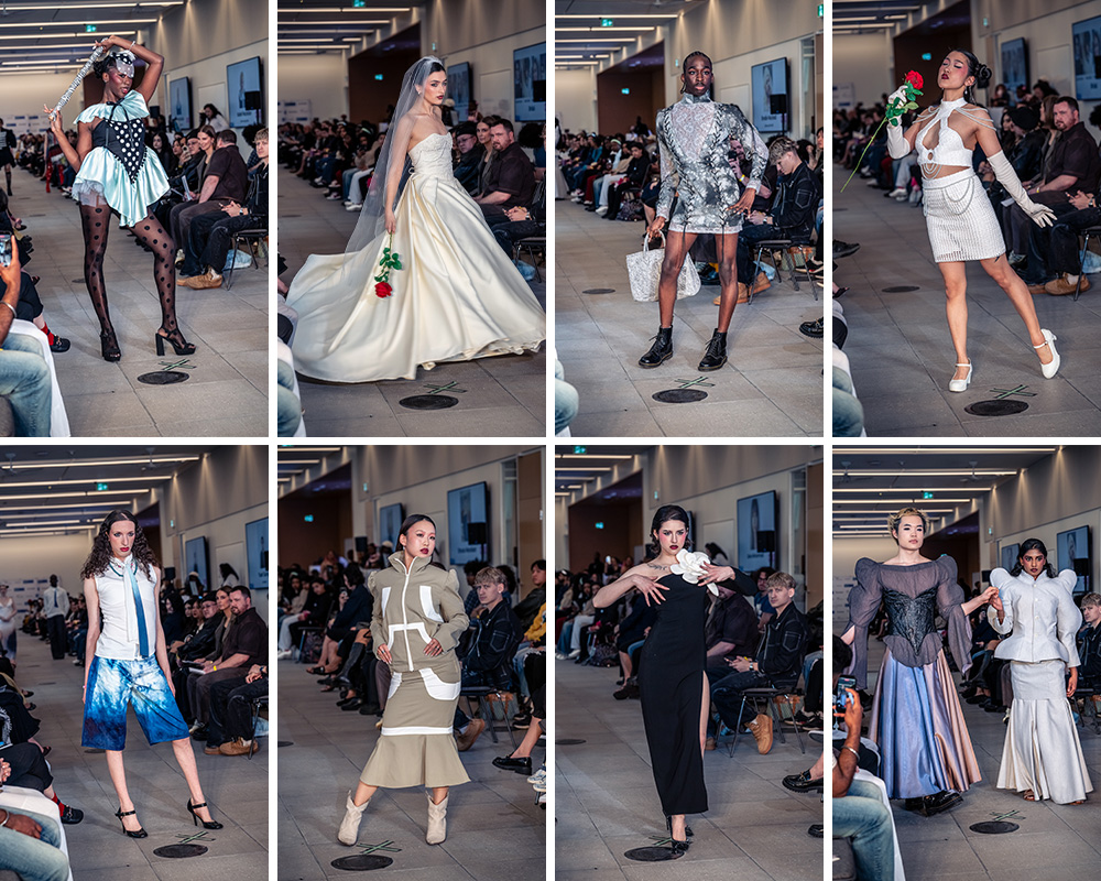 Image collage of graduating fashion students' runway collections
