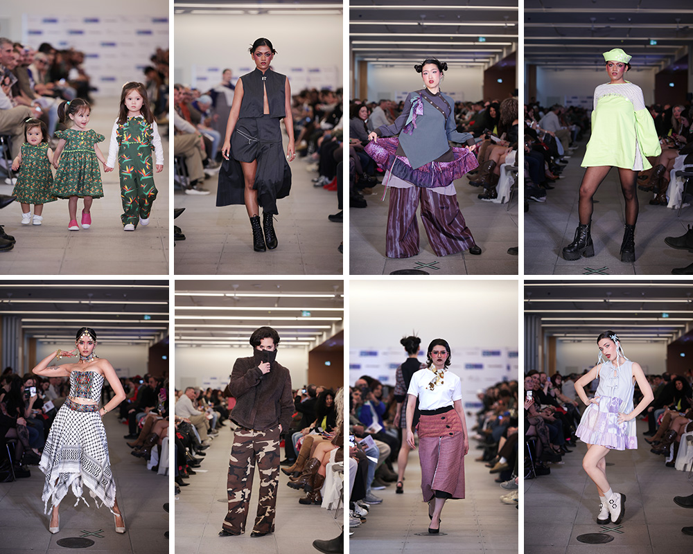 A collage of graduating fashion students runway collections