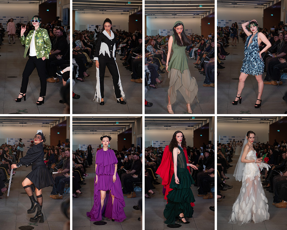 A collage of graduating fashion students runway clothing