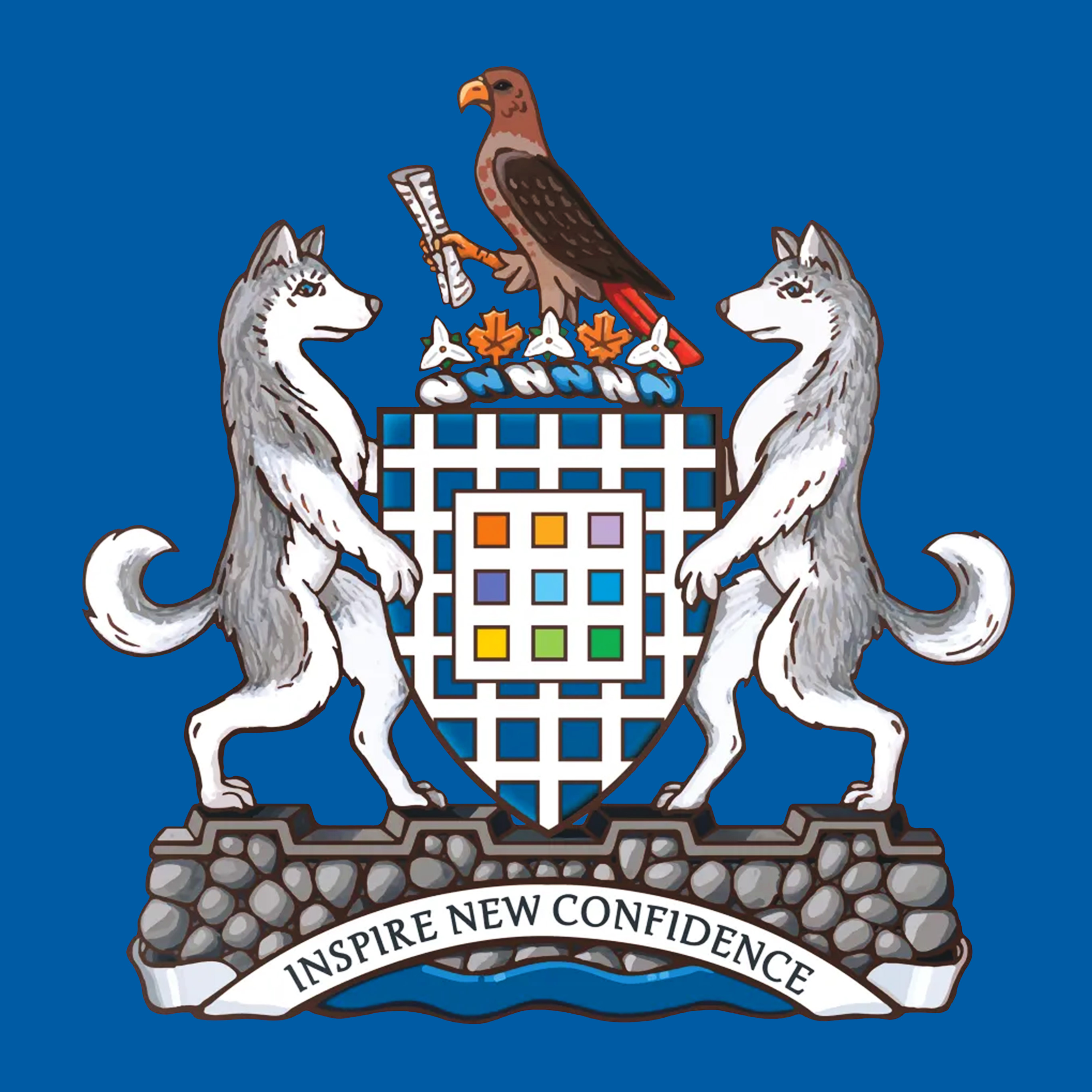 The George Brown coats of arms featuring two huskies flanking a shields with an eagle purched on top.