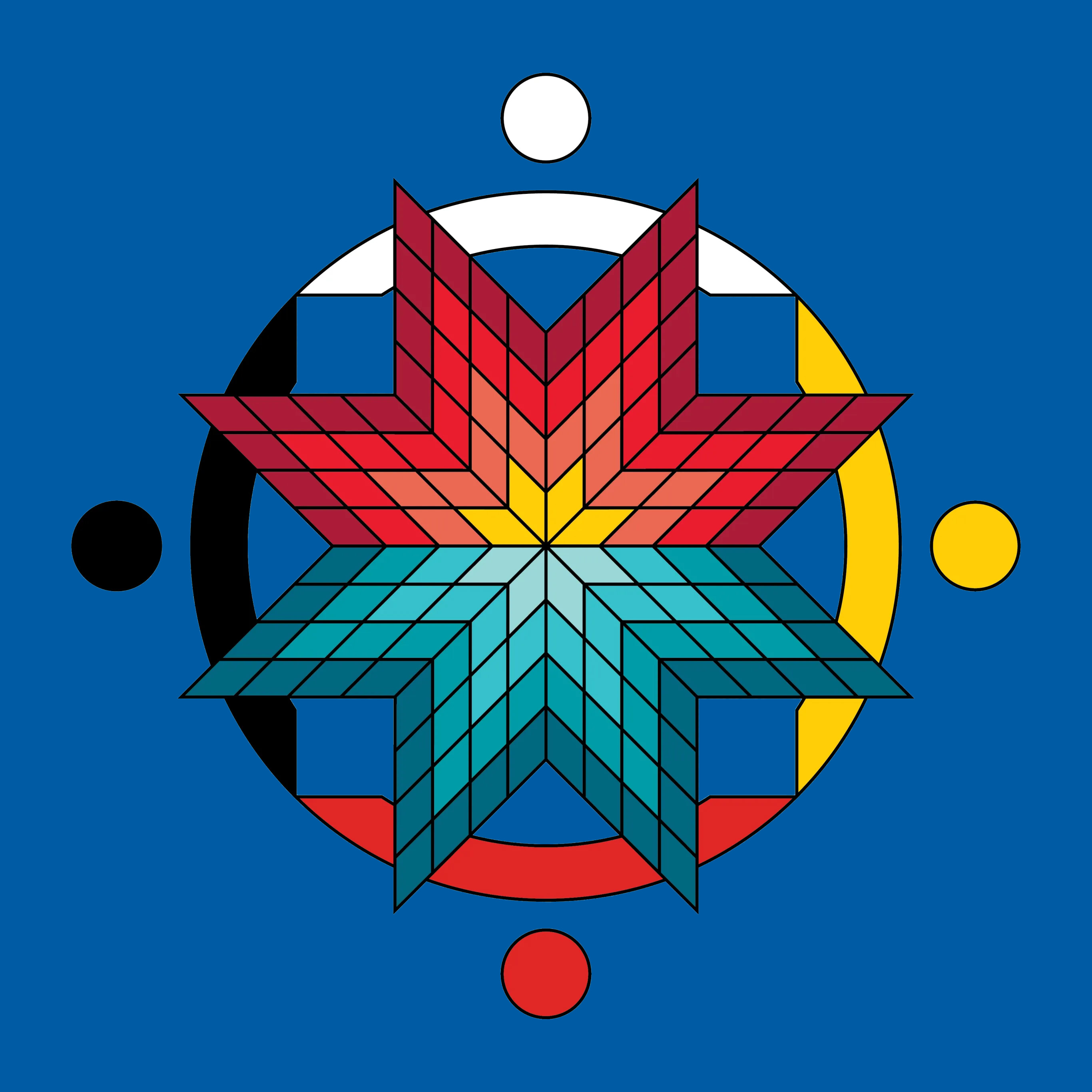 George Brown's Indigenous star blanket medallion featuring a star over a medicine wheel.