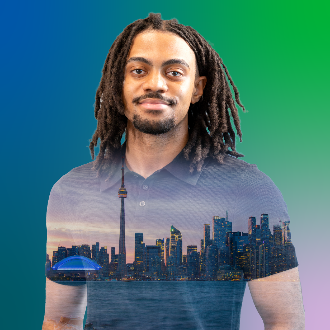 A young man with a city scape projected over his frame