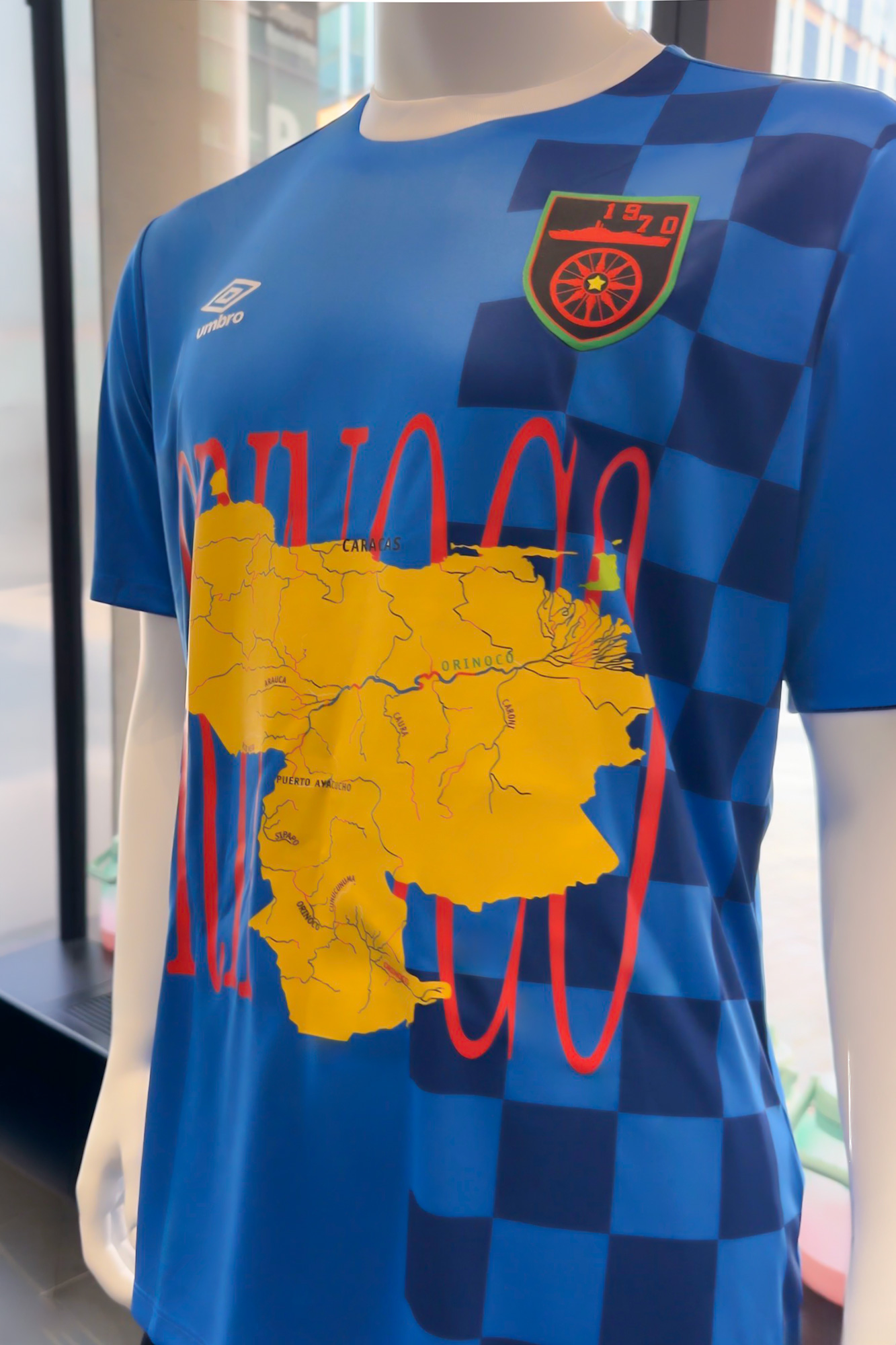 Jair Kale's custom soccer jersey imprinted with a map of Venezuala as part of his exhibition at the Waterfront campus.