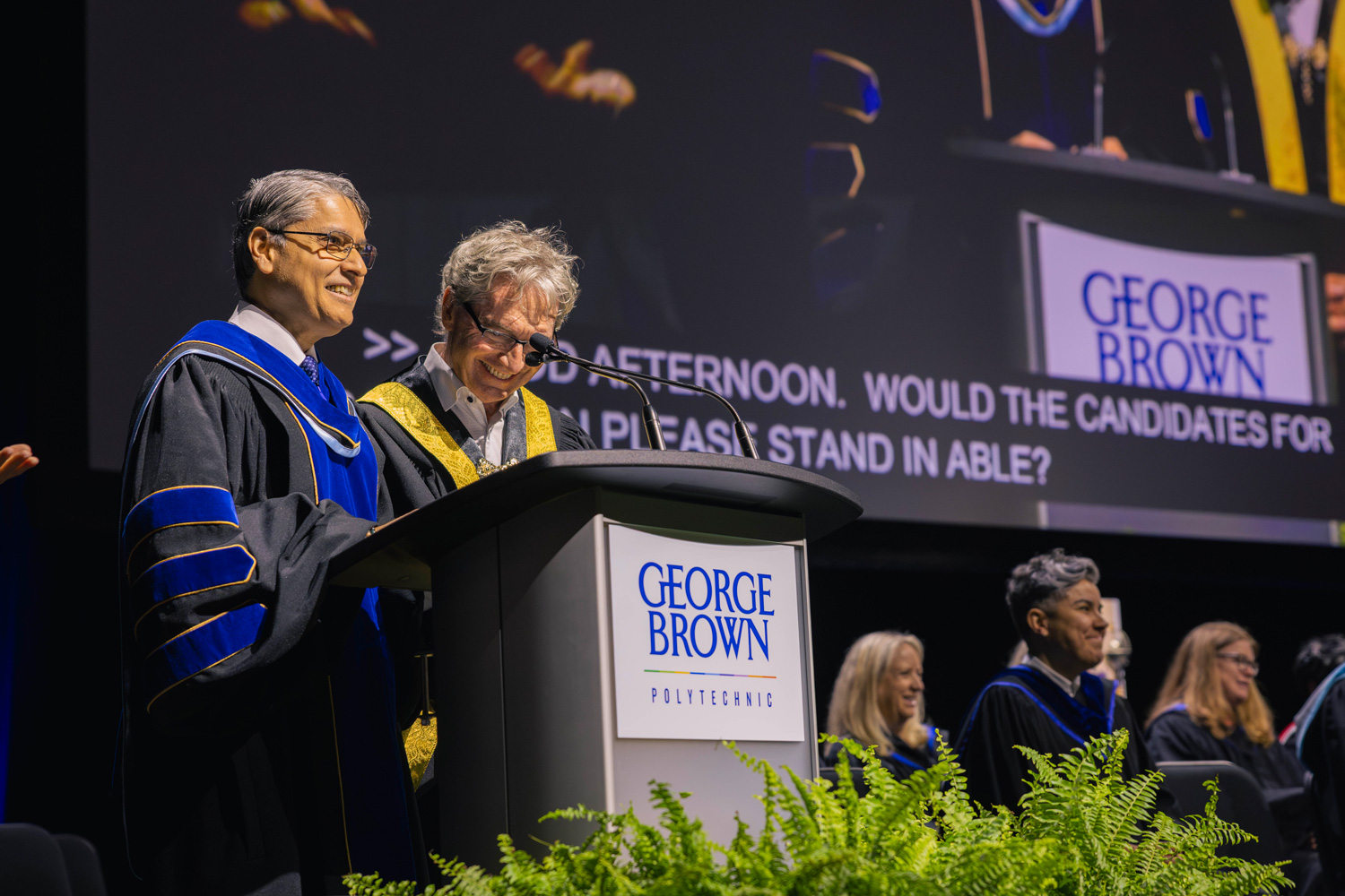 Dr. Malik and Chancellor Smith deliver remarks at the podium at convocation.