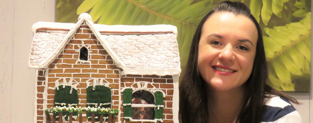 Chef School student Fernanda Goncalves with her gingerbread house, November 2020