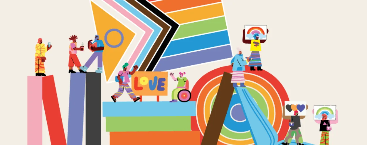 An illustrated image promoting Pride Month, displaying characters holding the Pride flag and celebrating.