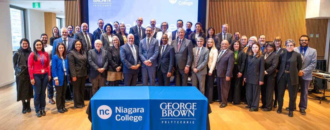 George Brown and Niagara College leadership pose with Minister Quinn and Lieutenant Governor General Edith Dumont at Limberlost Place