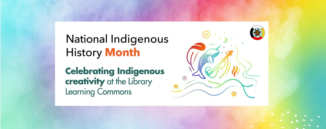 National Indigenous History Month, Celebrating Indigenous Creativity at the Library. NIHM official imagery of an eagle feather, narwhal, and violin.
