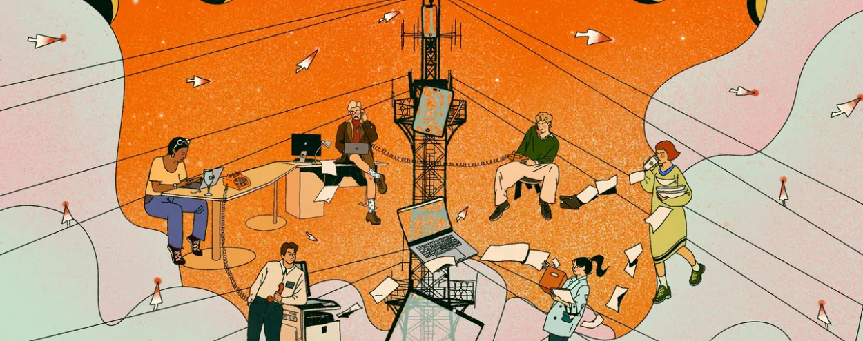 Illustration of people working remotely with laptops, phones, and papers connected through a central communication tower under an orange sky.