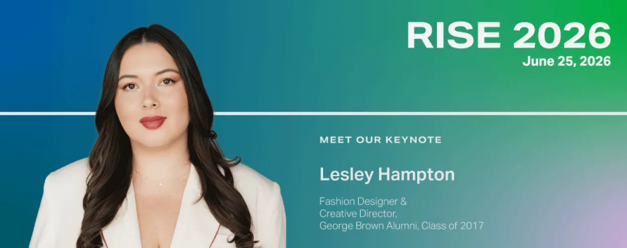 Designer Lesley Hampton over a colorful background