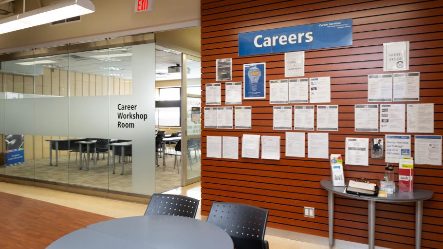 Career Services information and job board beside Career Workshop Room at the Career Centre at the Casa Loma campus.