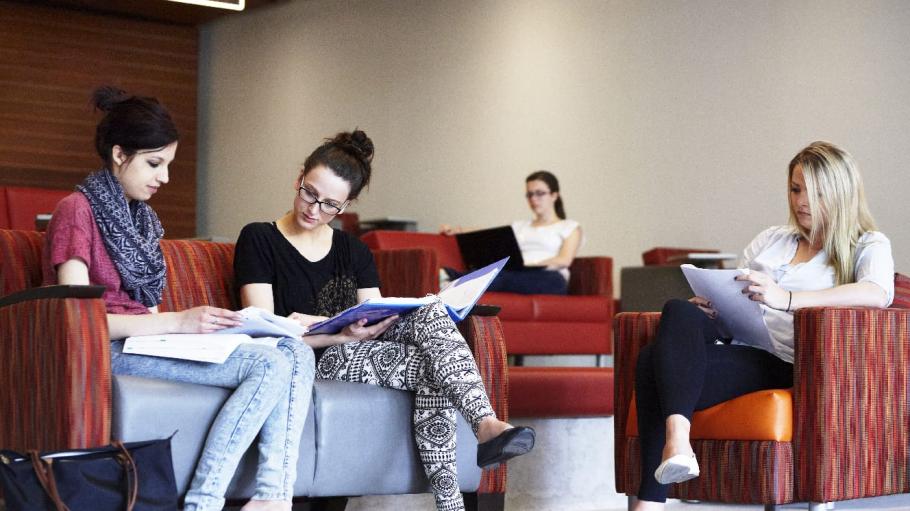 Students study together in the common area at Waterfront campus.