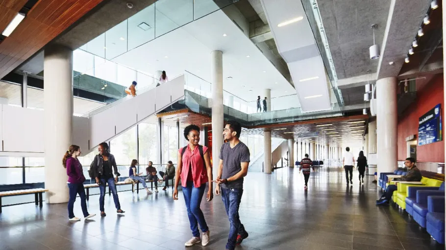 Students walk through the Waterfront campus