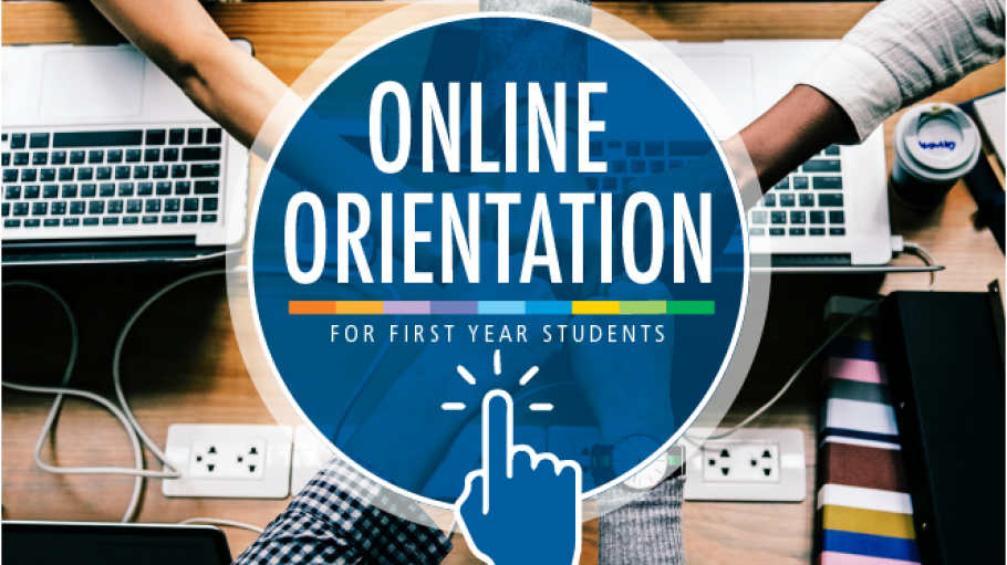 Five students around a table fist bumping with an image of Online Orientation - For First Year Students
