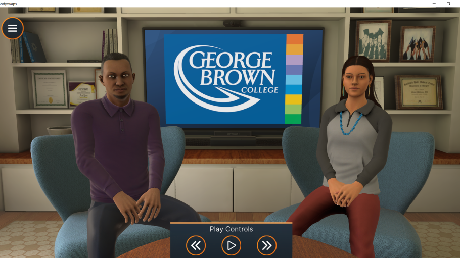 A still from the Let's Talk about Race simulation with two characters sitting in front of a George Brown logo.