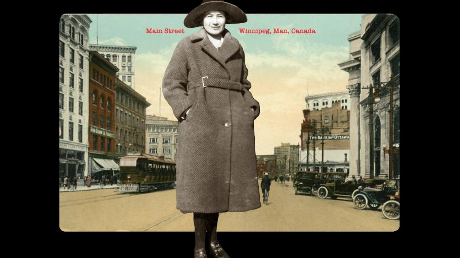 Holding Her Ground from Family Legacy series 2021 by Rosalie Favell. A woman standing in front of a main street in Winnipeg.