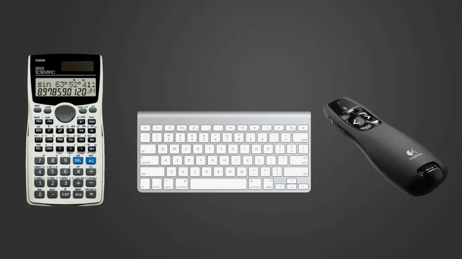Image of a calculator, mac keyboard, and remote control.