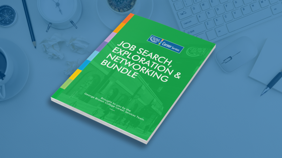 Job search, exploration, networking bundle cover page on a desk