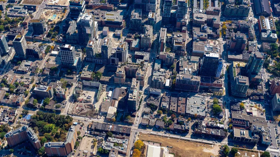 Aerial image of St James Campus and the surrounding area