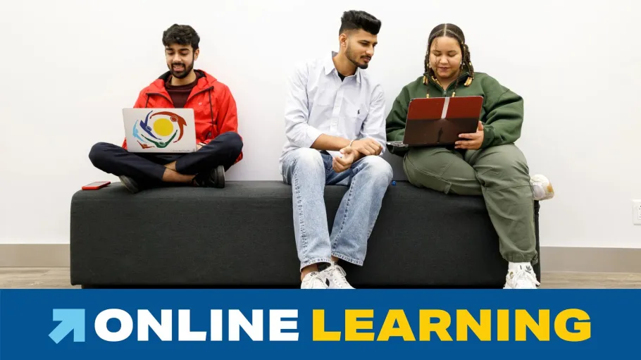A graphic that says "Online Learning" with a photo of three students sitting on a bench looking at laptops or phones.