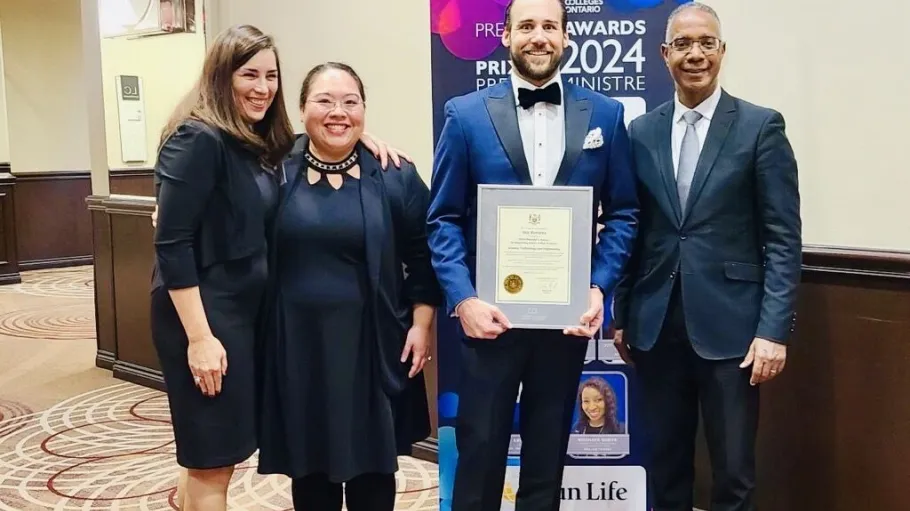 Premier's Award winner Eric Kukucka standing with President Fearon and VP Academic Eileen DeCourcy