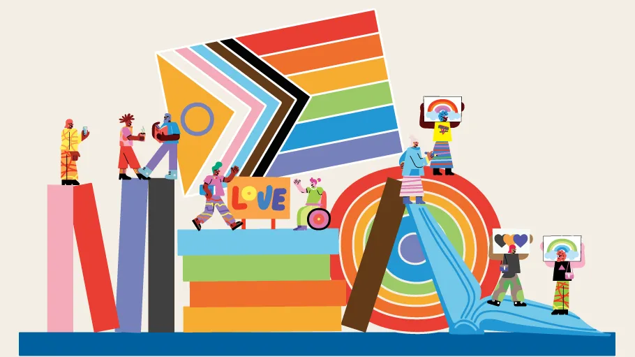 An illustrated image promoting Pride Month, displaying characters holding the Pride flag and celebrating.