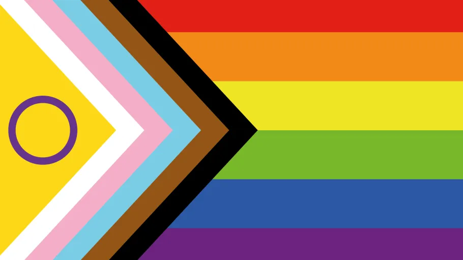 Intersex-Inclusive Pride Flag, featuring the intersex yellow field and purple circle and chevrons of black, brown, baby blue, baby pink, and white over the six-stripe rainbow field
