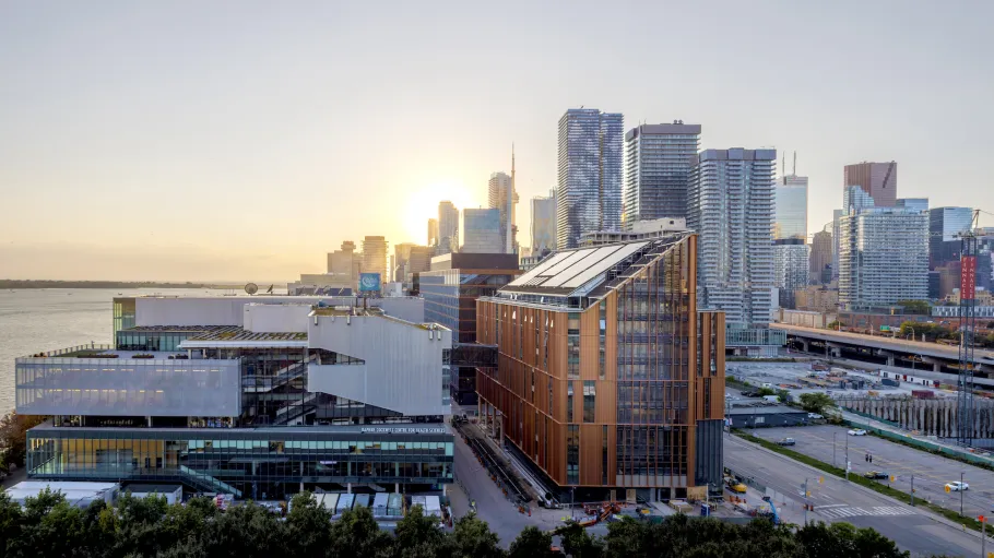The George Brown Polytechnic Waterfront Campus and city skyline.