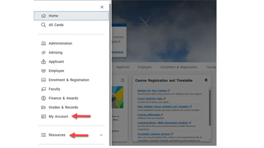 STU-VIEW menu with My Account and Resources highlighted