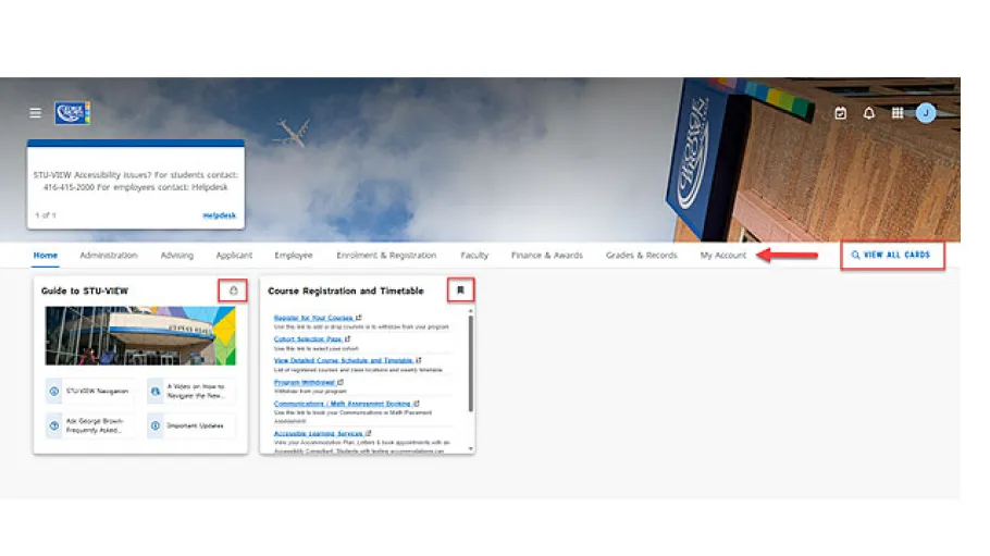 STU-VIEW home page with Discover more, lock, ribbon and View All Cards areas highlighted
