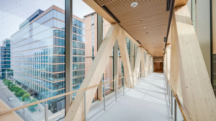 A view of the interior of the Limberlost bridge connecting to 51 Dockside Drive, with buildings visible through the glass