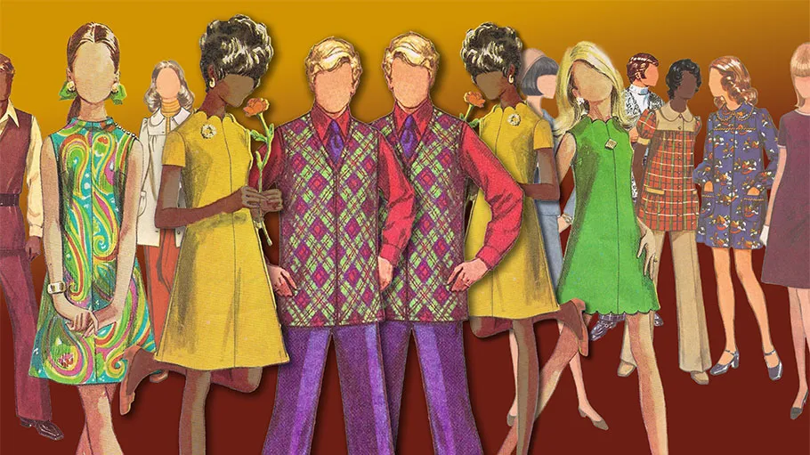 an illustration of a crowd of people, all faceless, and all wearing 1960s outfits.