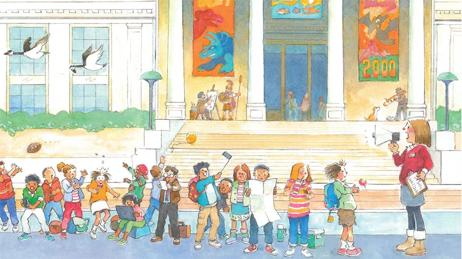 A group of rambuctious children outside a museum are being herded by an adult using a megaphone