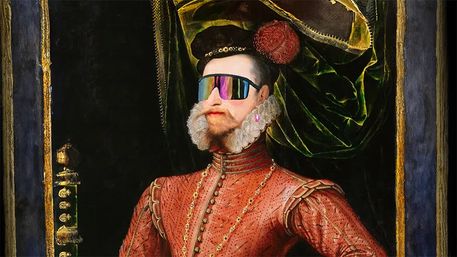 A bearded gentleman in Elizabethan clothing wearing a modern pair of sunglasses