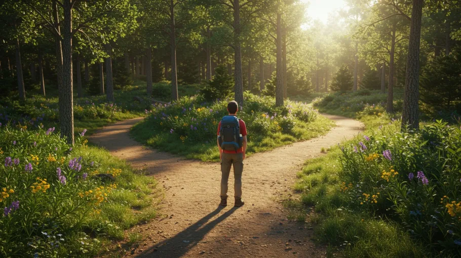 a person on a Camino that forks in a natural environment. It symbolizes decision-making and the change of course in the race.