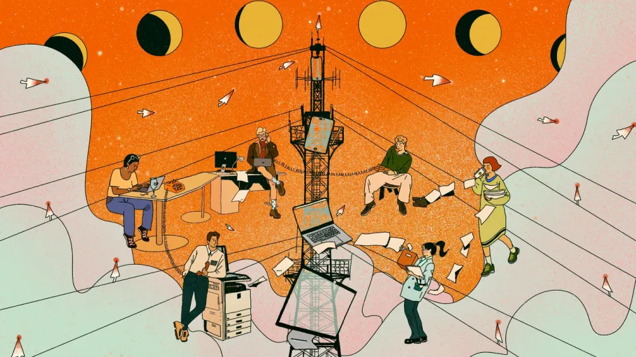 Illustration of people working remotely with laptops, phones, and papers connected through a central communication tower under an orange sky.