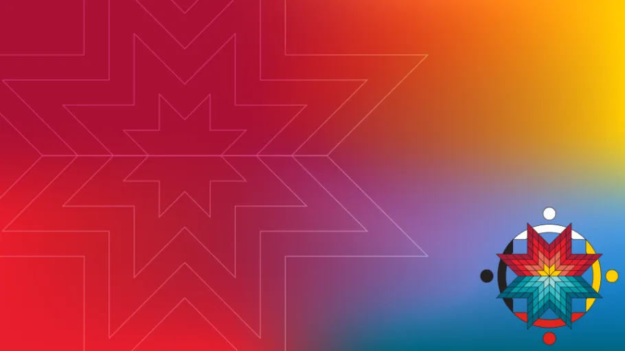 Indigenous Initiatives Star Blanket Medallion against a red, yellow, and teal gradient