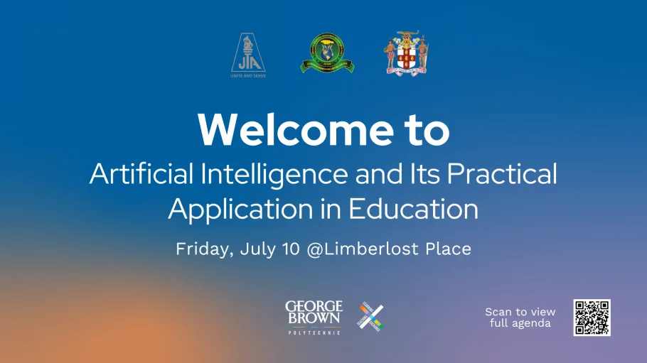 Welcome slide for the "Artificial Intelligence and Its Practical Application in Education" event, featuring the event date and location, organizational logos, and a QR code linking to the full agenda.
